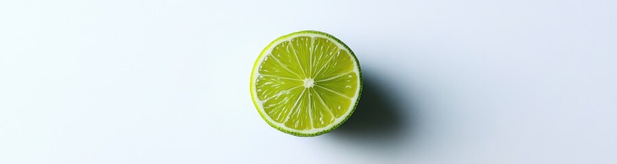 Close-up of a lime slice, vibrant green, displayed against a plain white background.  The slice shows the juicy interior with segments radiating outward from the center