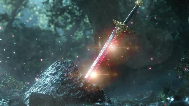 a sword that sticks in a rock and emits fire. Virtual 4K video animation background with looping time lapse with very smooth graphics.