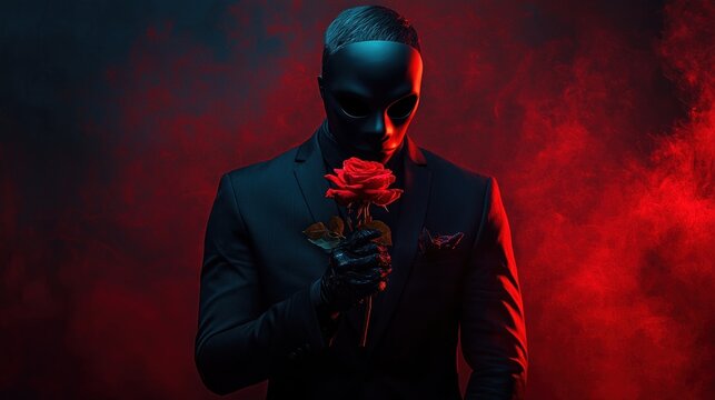 Enigmatic figure offering a solitary red rose amidst smoky crimson depths