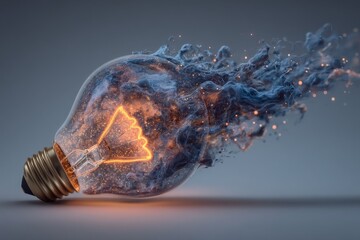 A light bulb emits an orange glow while surrounded by vibrant, swirling smoke and sparkling particles. The captivating effect creates a sense of movement and energy, evoking innovation and creativity.