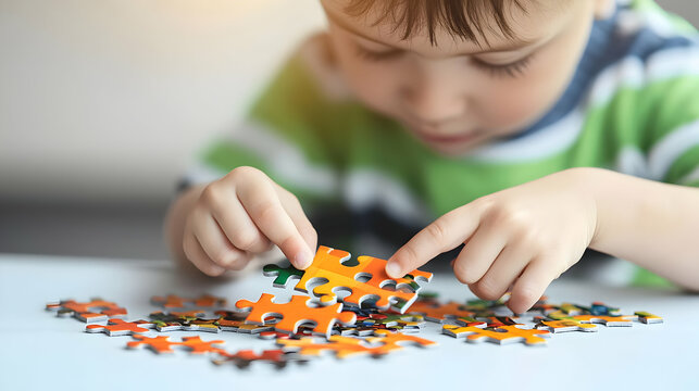 Child Concentrating On Colorful Jigsaw Puzzle