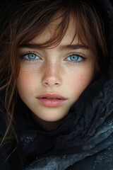 Fototapeta premium Girls winter portrait with serene gaze.