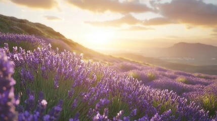 Fototapeta premium Serene Sunset Over a Lavender Field