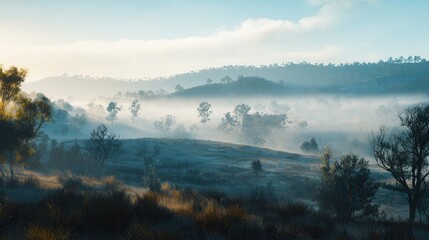 Fototapeta premium Serene Misty Morning Landscape with Rolling Hills and Trees