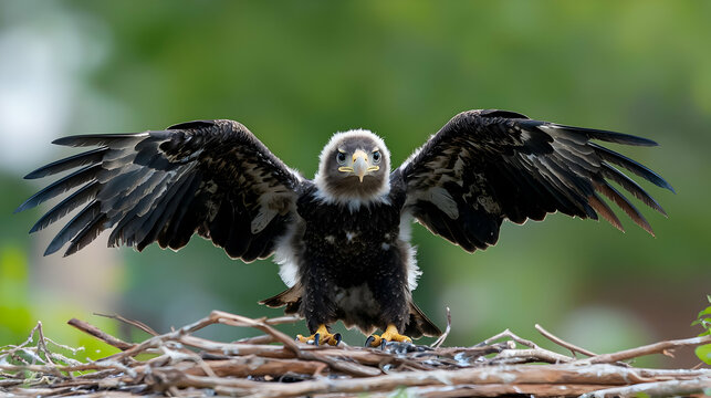 Young Eagle With Spread Wings In Nest