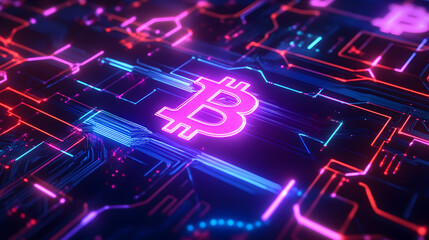 Bitcoin Neon Circuit Board Concept Digital Cryptocurrency Tech Blockchain Financial Network Futuristic Neon Glow