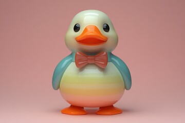 Cute cartoon duck toy with bowtie on pink background