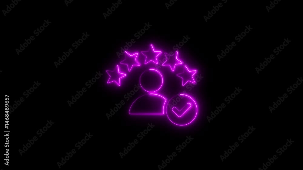 Poster glowing neon user rating with stars and checkmark on black background