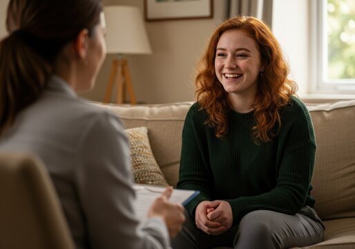 A young woman with red hair smiles during a counseling session, feeling positive and optimistic.