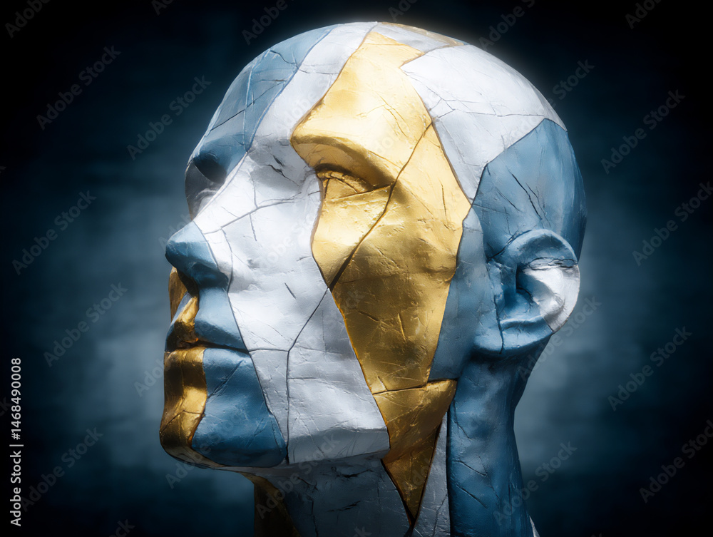 Poster abstract sculpture with geometric pattern overlay 3d render