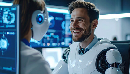 Intelligent Encounter: A scientist engages in a friendly, collaborative exchange with an advanced robotic companion, symbolizing the evolving frontier of technology and human-machine interaction. 