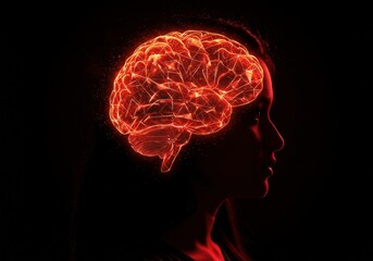 Obraz premium A vibrant image highlighting a glowing brain overlaid on a woman's silhouette against a dark background.