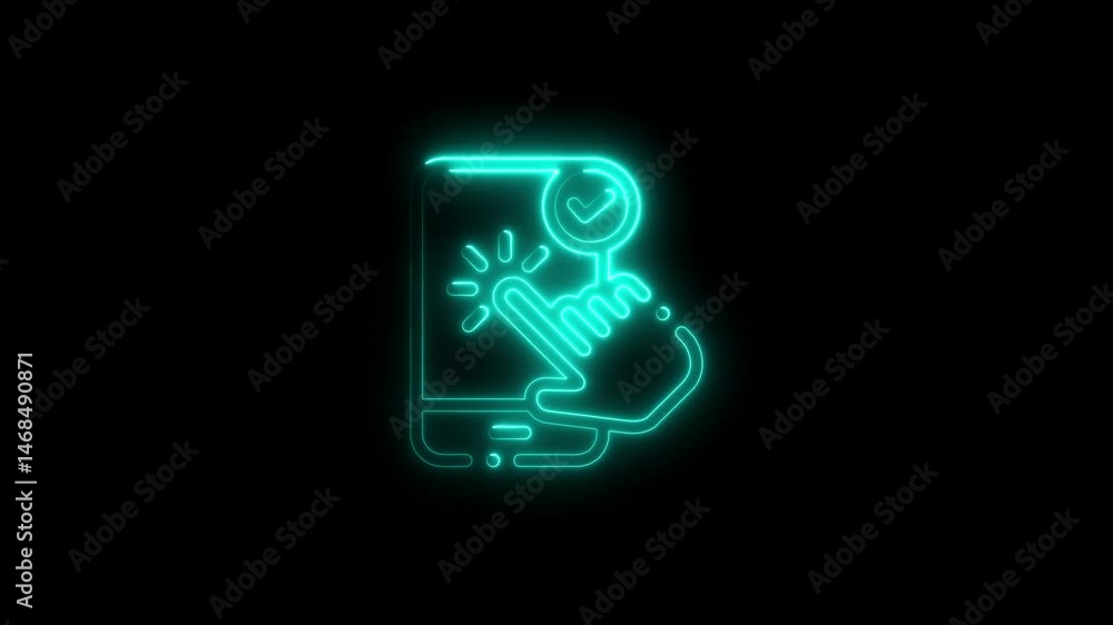 Poster glowing neon smartphone interaction animated verification process on a black background