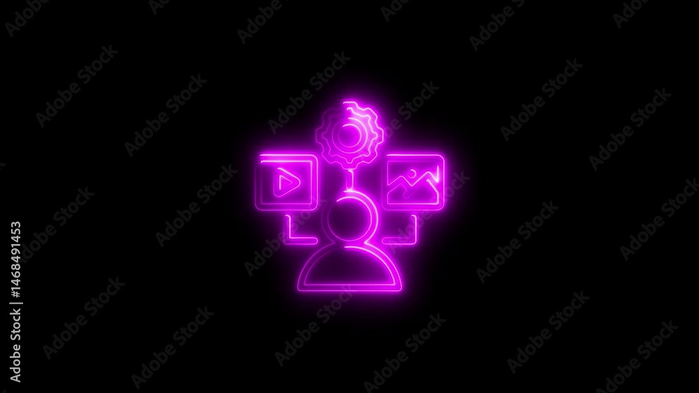 Poster illuminated neon icon representing user interface settings and media content on a black background