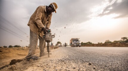 a construction worker using a jackhammer to work on a road.