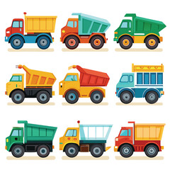 Nine  classic Dump Truck arranged on a white background.