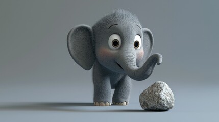 Cute cartoon elephant examines a rock on a gray studio background