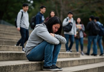 A tearful young woman sits alone on outdoor steps, with other students passing by in the background.