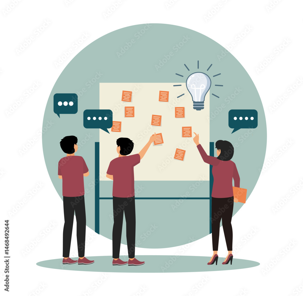 Poster business team conducting idea brainstorming session with post it notes on board.
