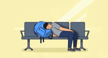 Travel fatigue illustration depicting a traveler resting in an airport terminal