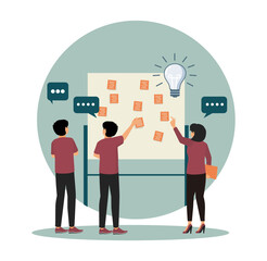 Business Team Conducting Idea Brainstorming Session with Post It Notes on Board.