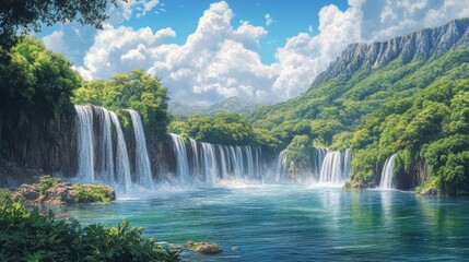 Fototapeta premium Lush Green Waterfall Landscape With Blue River