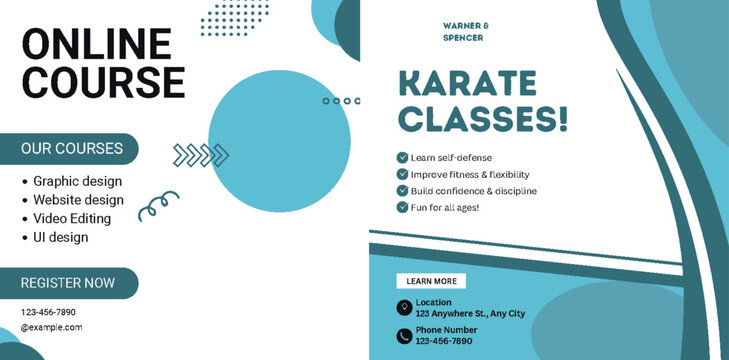 Online design courses and karate classes promo banner with abstract shapes