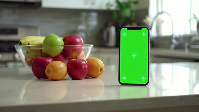 Smartphone with Green Screen Next to Fresh Fruit