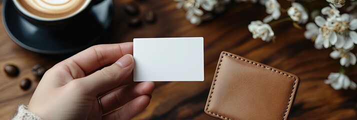 Obraz premium Empty business card held by hand, coffee and flowers