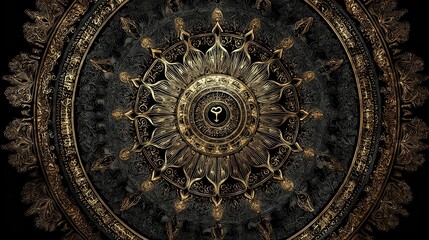 Fototapeta premium Ornate, golden circular design with intricate details.