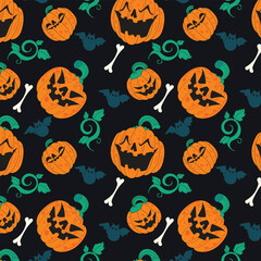 A seamless pattern of freaky hand drawn pumpkins for Halloween. Features creepy and spooky expressions, perfect for festive packaging, invitations, fabric prints, and seasonal design projects.