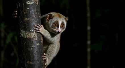 Naklejka premium Small primate clings to dark tree trunk