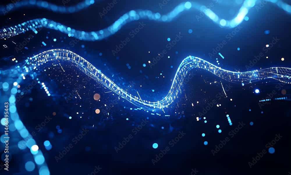 Poster abstract blue background with glowing dots and wavy lines, representing the concept of technology or