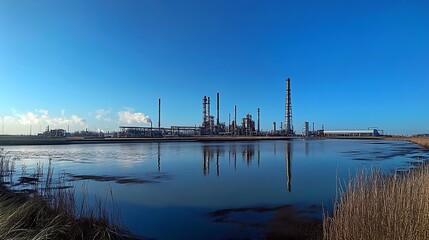 Industrial Landscape: Refinery Reflection on Calm Waters