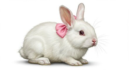 Fototapeta premium Cute white rabbit with pink bow