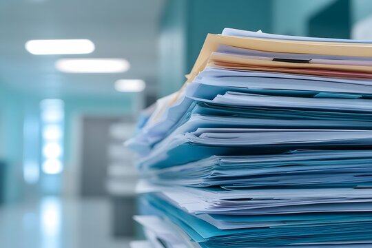 Stacks of patient care documentation in a medical office