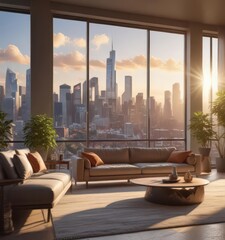 Fototapeta premium Sun-drenched living room, stunning skyline backdrop , sophisticated, light, highrise