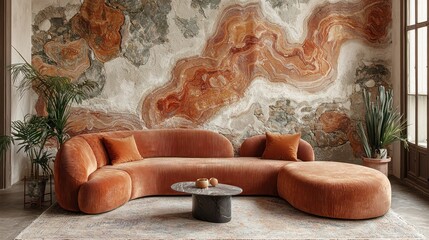 Modern, curvaceous, rust-colored sectional sofa, complemented by a coffee table and matching ottoman, in a stylish living space