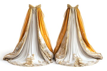 Elegant, flowing, ornate gowns in white and gold
