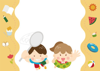 Summer Vacation Frame with Children and Seasonal Icons
