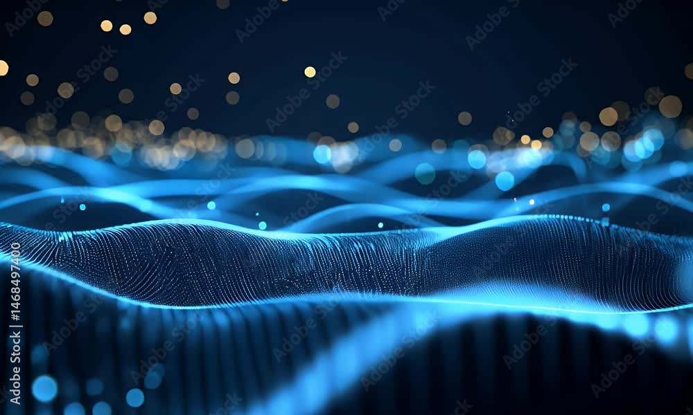 Poster abstract blue background with glowing dots and wavy lines, representing the concept of technology or