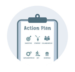 Action Plan Concept with Strategy and Collaboration Icons on Clipboard.