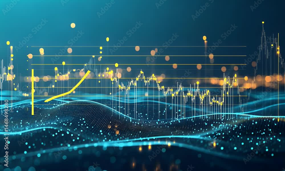 Poster a stock market graph with dynamic lines and candlestick charts, representing the real-time global fi