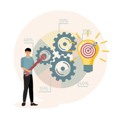 Project initiation concept. Businessman turn cogwheels to light up light bulb idea.