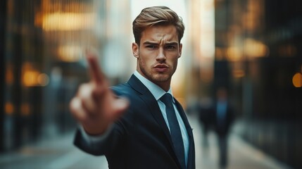 Urban businessman gestures rejection in city street.