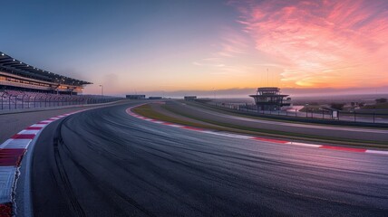 Obraz premium Capture the serene beauty of an empty F1 track at dawn. This panoramic view showcases the tranquil landscape, featuring smooth asphalt and a colorful sky, perfect for automotive enthusiasts.