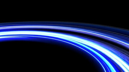 Abstract blue and white luminous streaks curve gracefully across a stark black background, creating a dynamic, futuristic light painting effect