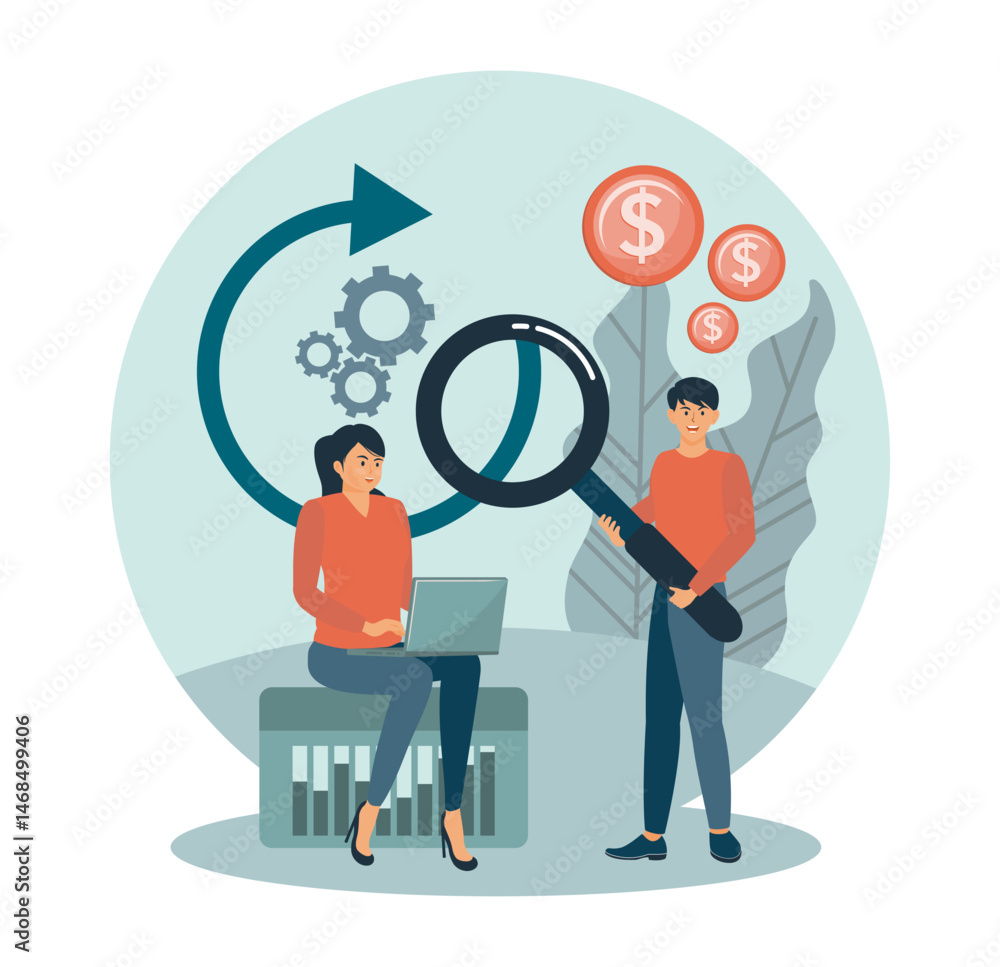 Poster workflow process. team collaboration analysis and solutions for financial and business growth