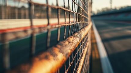 Close-up of an empty Formula 1 track showcasing a weathered safety barrier. The image highlights textures and details, capturing a quiet racing scene.