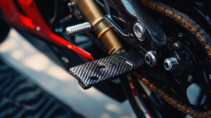 A detailed close-up shot showcasing the intricacies of a MotoGP bike footpeg. The image captures the carbon texture and mechanical elements, emphasizing performance.